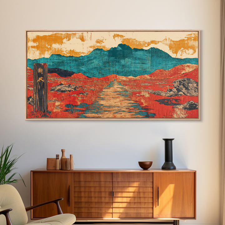 Red Desert Road To Turquoise Mountains Canvas Print, Southwestern Landscape Art, Boho Western Decor, Large Living Room Wall Art