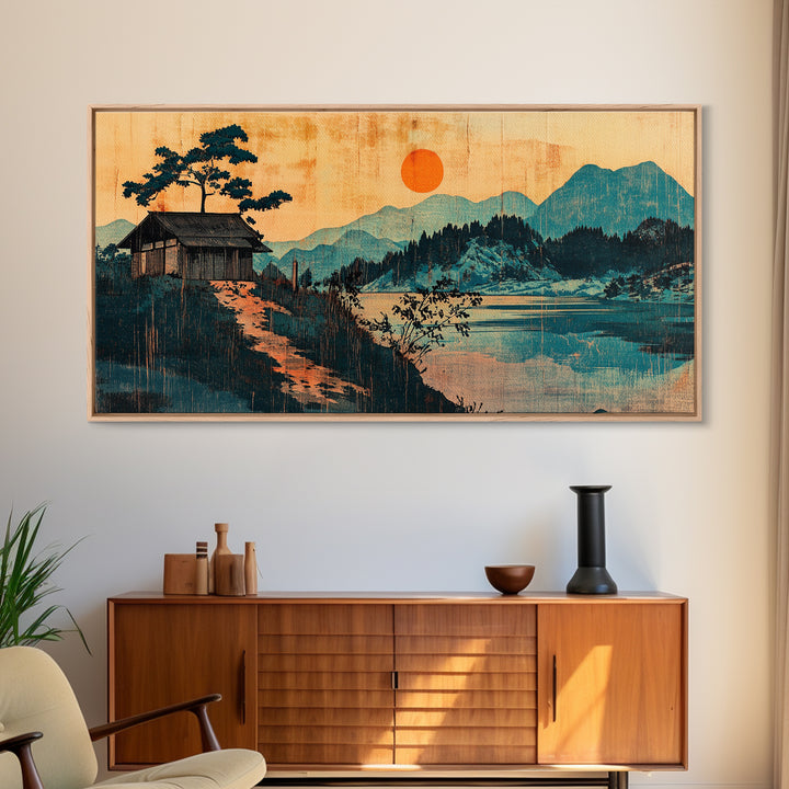 Lakeside Cabin With Red Sun Wall Art, Japanese Mountain Landscape Print, Japandi Decor, Serene Living Room Canvas Art Print