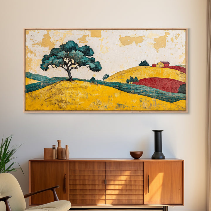 Lone Tree On Golden Rolling Hills Canvas Print, Rustic Country Landscape Art, Farmhouse Wall Decor, Warm Home Decor Wall Art