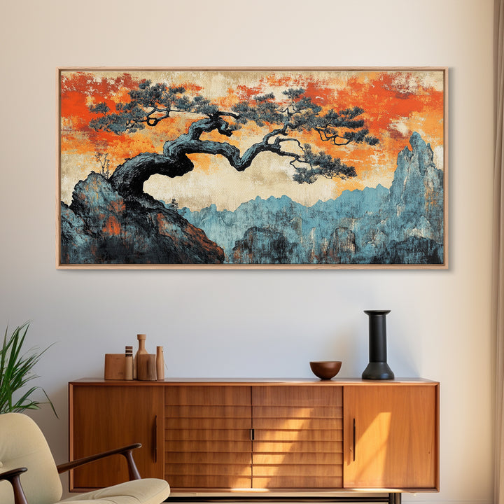 Windswept Pine Over Misty Blue Mountains Wall Art, Asian Landscape Print, Orange Sky Japandi Decor, Large Canvas Print Decor
