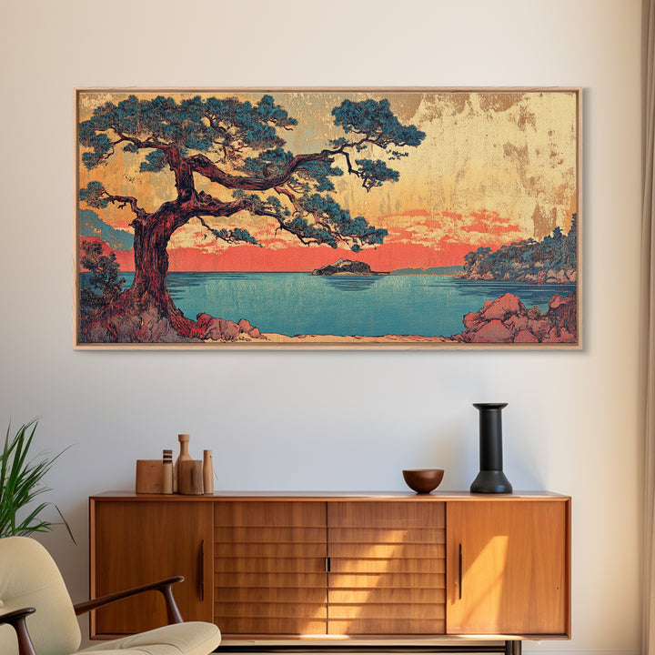 Coastal Pine Tree At Coral Sunset Framed Canvas Print, Japanese Seascape Wall Art, Teal Ocean Decor, Above Sofa Art Print