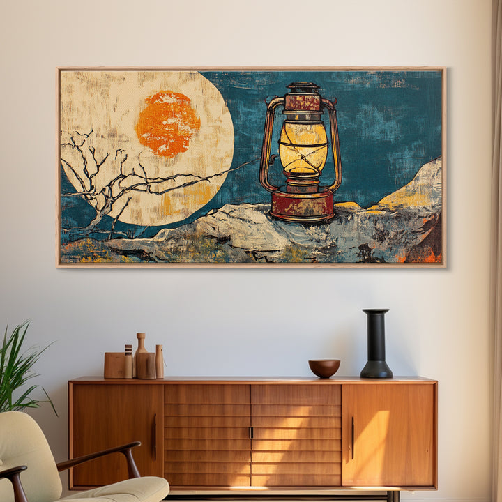 Rustic Lantern Beside Abstract Moon Wall Art, Teal Gold Night Sky Print, Celestial Decor, Wabi Sabi Canvas Print For Bedroom