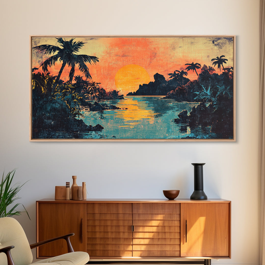 Tropical Lagoon Sunset With Palm Trees Canvas Print, Coastal Wall Art, Island Decor, Vibrant Beach House Living Room Art