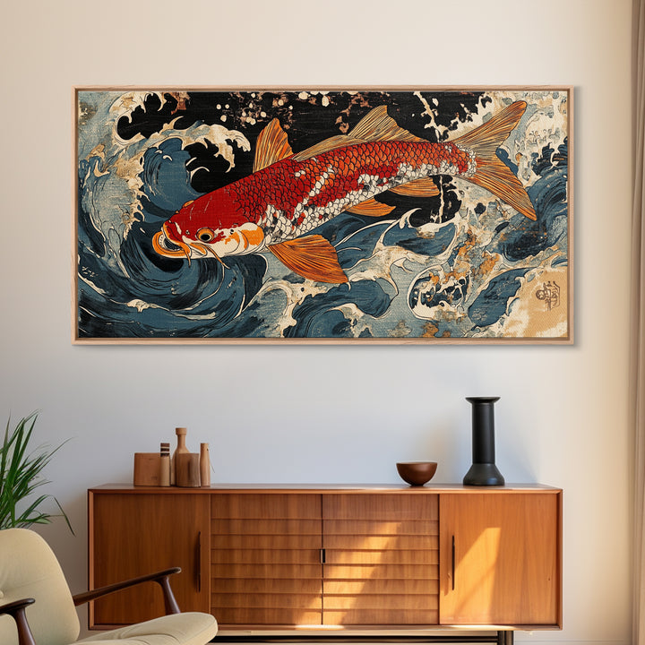 Red Koi Fish Swimming Through Stormy Waves Wall Art, Japanese Coastal Canvas Print, Nautical Living Room Decor Gift For Him
