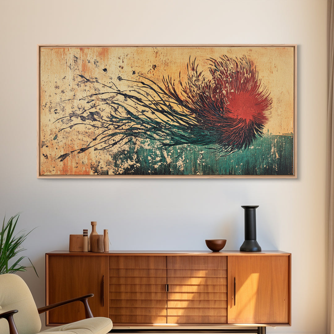Red Windblown Botanical Flower Wall Art, Textured Japanese Canvas Print, Abstract Floral Living Room Decor, Home Decor Gift For Her