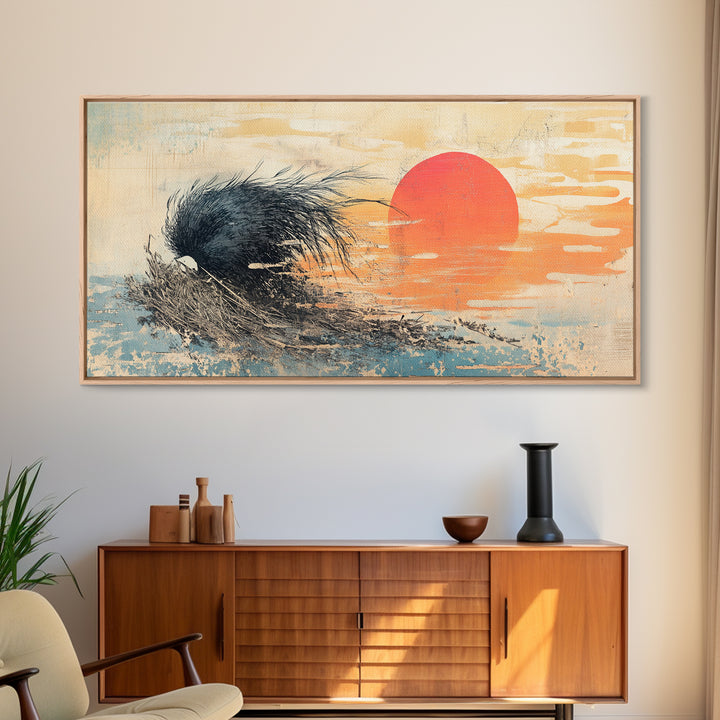 Black Abstract Wave And Red Sun Wall Art, Japanese Ocean Canvas Print, Minimalist Coastal Living Room Decor Gift For Him