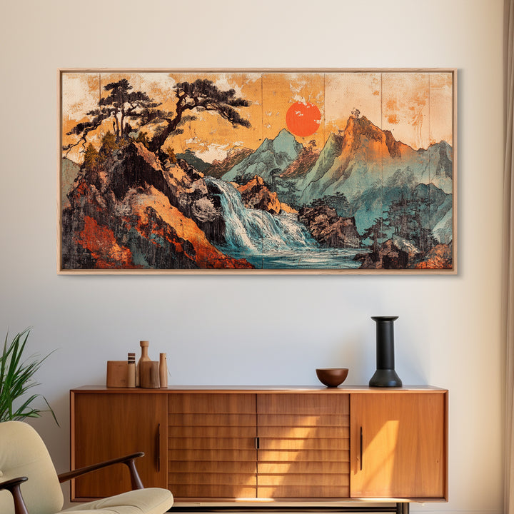 Mountain Waterfall With Red Sun Wall Art, Japanese Landscape Canvas Print, Rustic Nature Living Room Decor Housewarming Gift