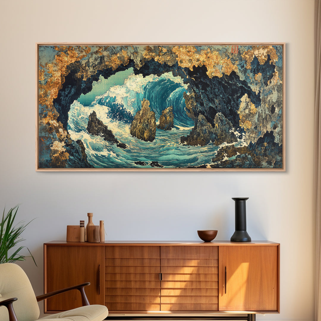 Crashing Ocean Wave Inside Rocky Cave Wall Art, Japanese Seascape Canvas Print, Coastal Nautical Living Room Decor Gift For Her