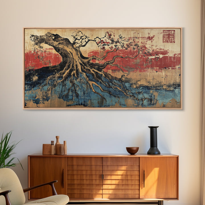 Ancient Tree Roots Over Blue Water Wall Art, Japanese Landscape Canvas Print, Zen Nature Decor And Rustic Home Decor Gift