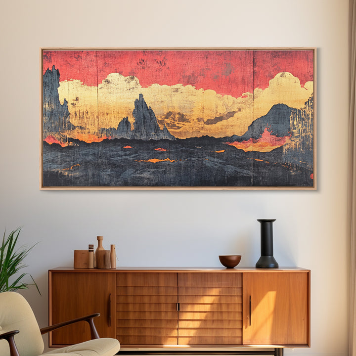 Red Sunset Clouds Over Dark Mountains Wall Art, Japanese Landscape Canvas Print, Moody Rustic Living Room Decor Gift For Him