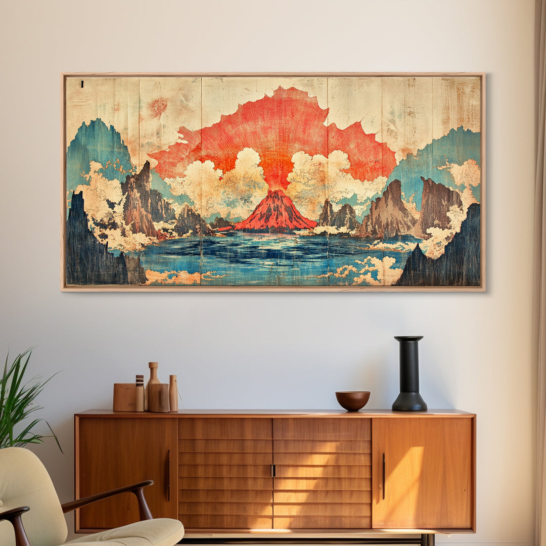 Erupting Red Volcano On Blue Mountain Lake Wall Art, Japanese Landscape Canvas Print, Dramatic Nature Living Room Decor Gift