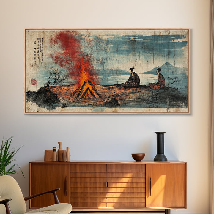 Samurai Figures By Campfire And Lake Wall Art, Japanese Landscape Canvas Print, Zen Rustic Home Decor, Travel Gift For Him