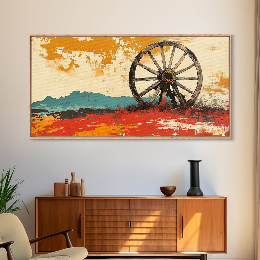 Rustic Wagon Wheel Desert Landscape Wall Art, Western Canvas Print, Southwestern Decor, Ranch House Living Room Art, Above Sofa Decor