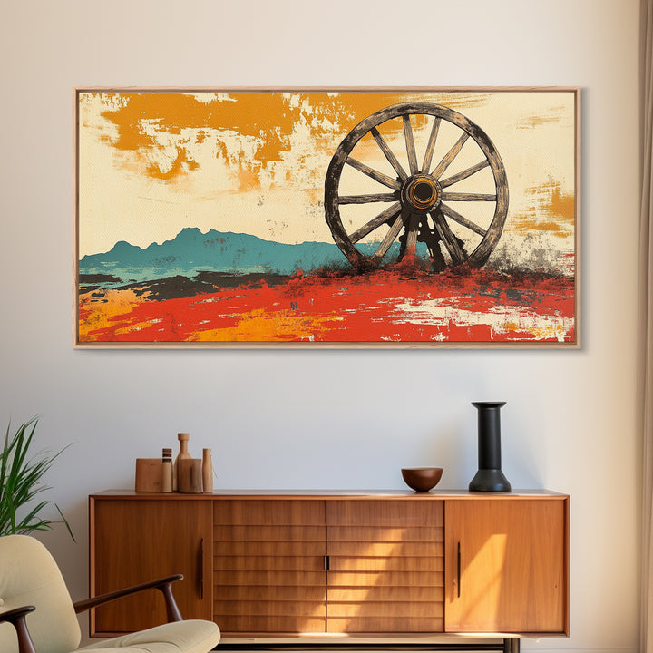 Rustic Wagon Wheel Desert Landscape Wall Art, Western Canvas Print, Southwestern Decor, Ranch House Living Room Art, Above Sofa Decor