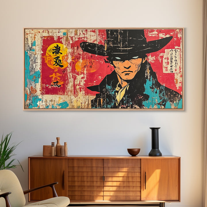 Stoic Asian Cowboy Portrait Wall Art, Samurai Western Canvas Print, Bold Red Black Decor, Masculine Office Art, Gift For Him