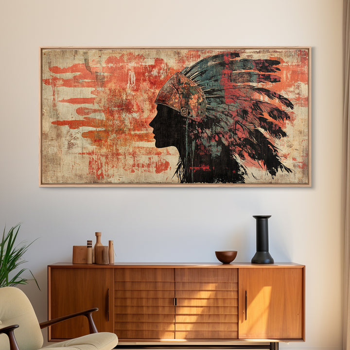 Indigenous Warrior Headdress Silhouette Wall Art, Tribal Canvas Print, Southwestern Decor, Rustic Western Living Room Art