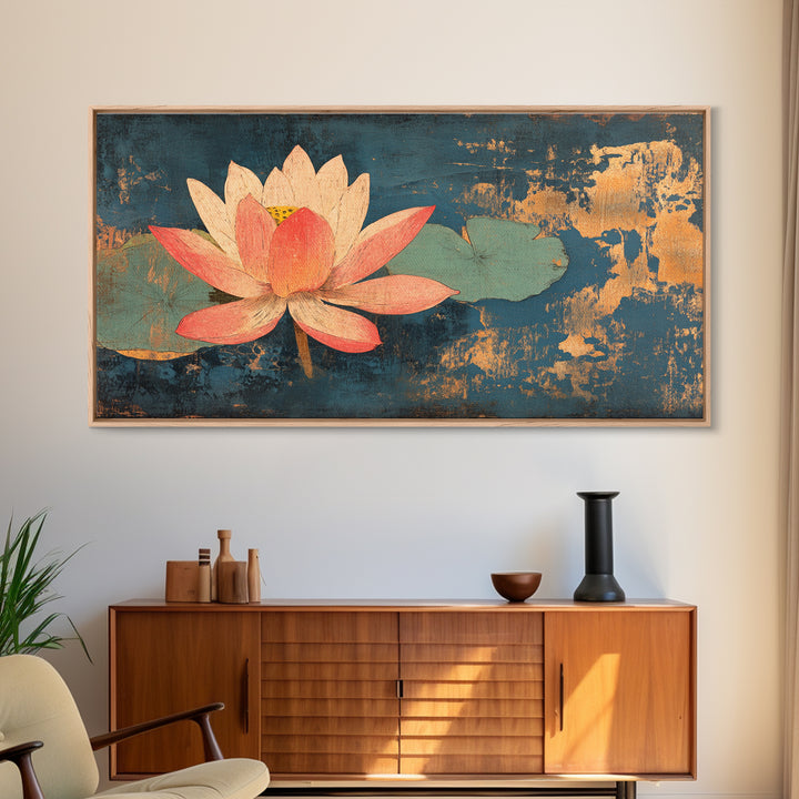 Pink Lotus Flower On Teal Water Wall Art, Zen Canvas Print, Botanical Asian Decor, Meditation Room Spa Wall Decor, Calming Art