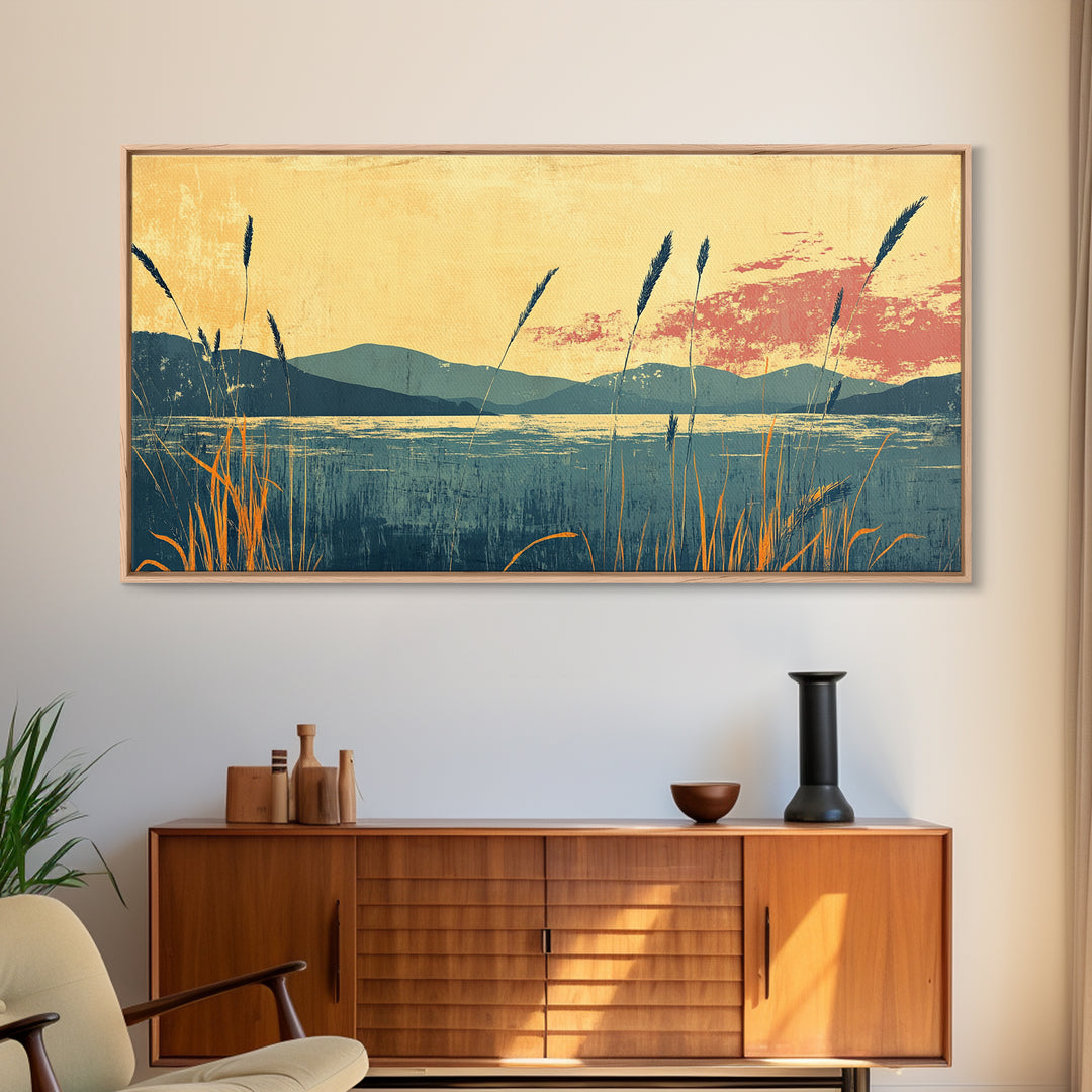 Reeds By Mountain Lake Sunset Wall Art, Serene Landscape Canvas Print, Nature Decor, Large Horizontal Living Room Art, Home Decor