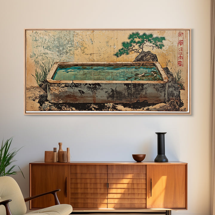 Japanese Stone Water Trough Garden Wall Art, Zen Framed Canvas Print, Bonsai Decor, Spa Meditation Room Wall Decor, Japandi Decor