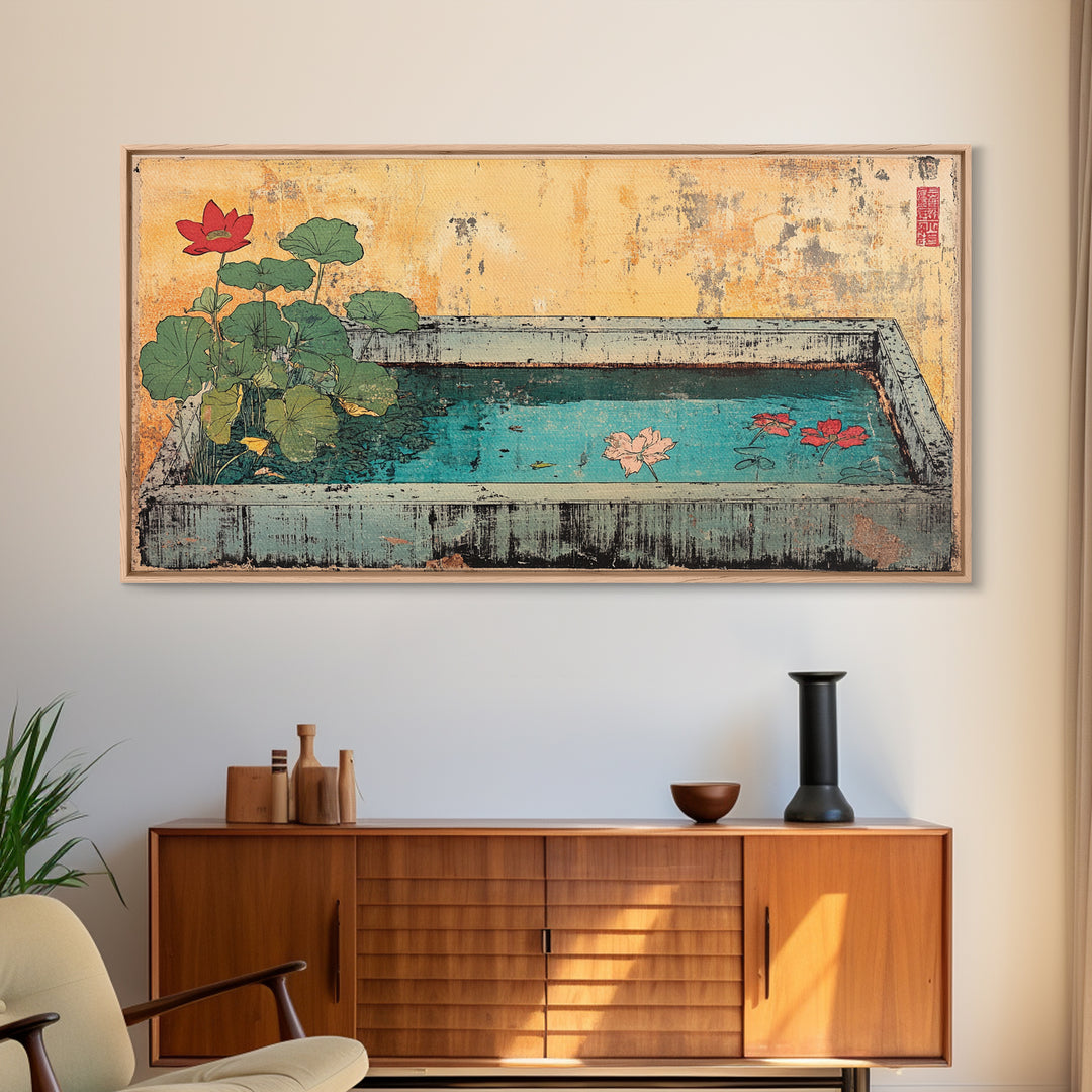 Lotus Koi Pond Garden Basin Wall Art, Japanese Canvas Print, Botanical Zen Decor, Spa Bathroom Living Room Wall Decor, Home Decor