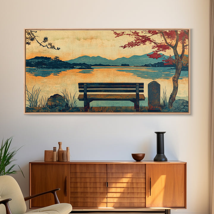 Autumn Lakeside Bench Mountain View Wall Art, Landscape Canvas Print, Rustic Cabin Decor, Serene Living Room Art, Home Decor