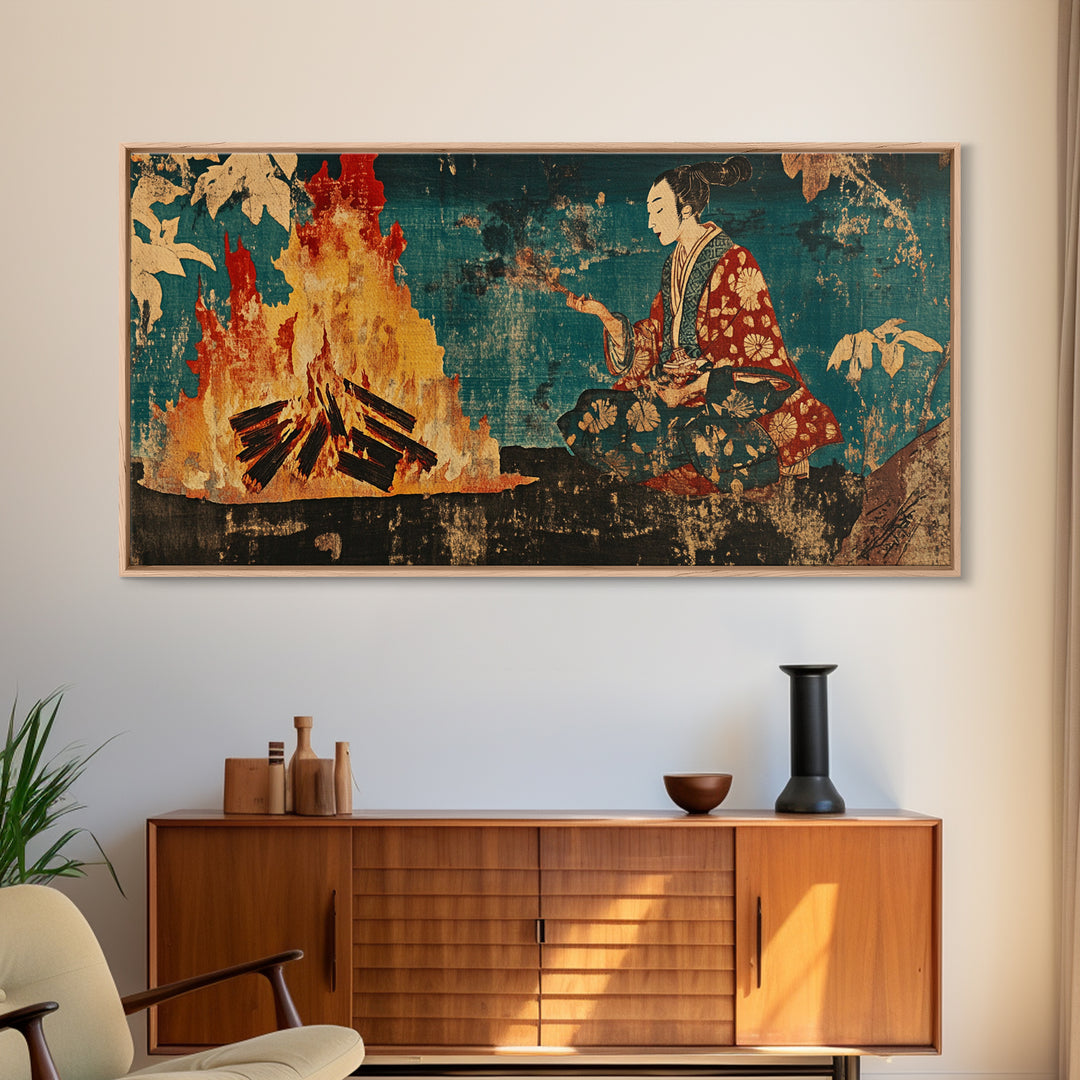 Japanese Woman Beside Bonfire Wall Art, Ukiyo E Style Canvas, Asian Inspired Decor, Japandi Living Room Wall Decor, Home Decor