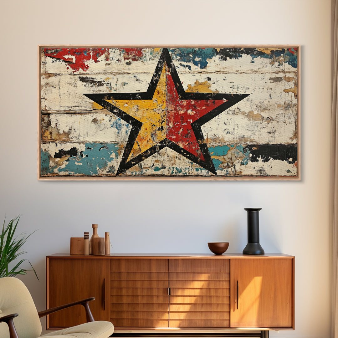 Distressed Red Yellow Star Wall Art, Rustic Americana Canvas Print, Farmhouse Wall Decor, Game Room Decor, Unique Gift For Him