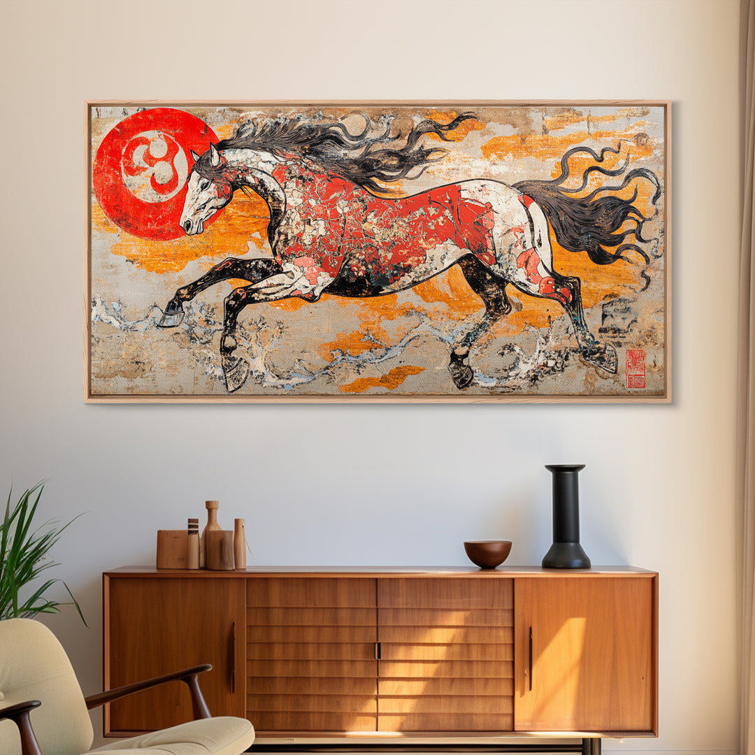 Galloping Horse And Red Sun Wall Art, Japanese Style Canvas Print, Equestrian Decor, Western Living Room Art, Home Decor Gift
