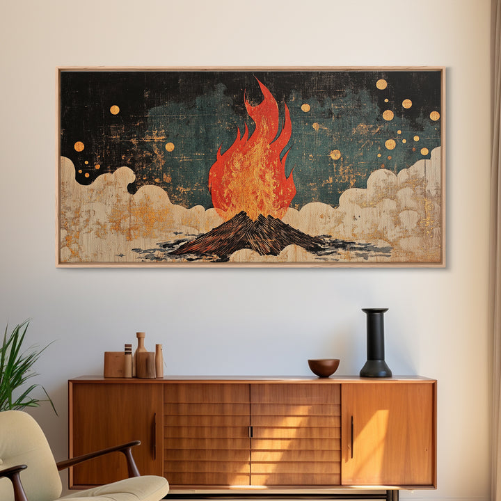 Blazing Campfire Under Moonlit Sky Wall Art, Dark Folk Art Print, Celestial Boho Decor, Rustic Cabin Lodge Home Decor Framed Canvas
