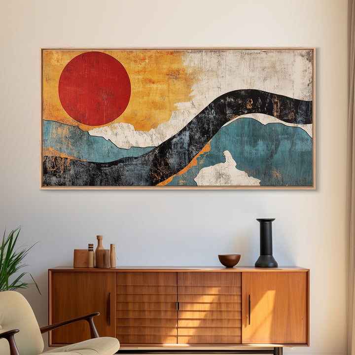 Red Sun And Blue Wave Abstract Wall Art, Mid Century Modern Print, Japandi Home Decor, Minimalist Large Framed Canvas Print