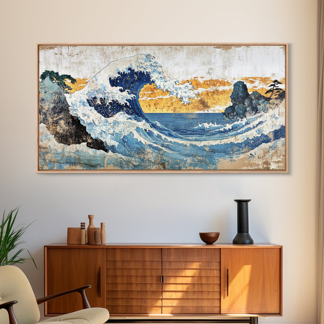 Crashing Ocean Wave Between Rocks Wall Art, Japanese Seascape Print, Coastal Decor, Nautical Living Room Framed Canvas Print