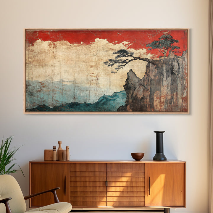 Red Sky Cliff And Pine Mountain Wall Art, Japanese Landscape Print, Moody Nature Decor, Large Japandi Living Room Framed Canvas