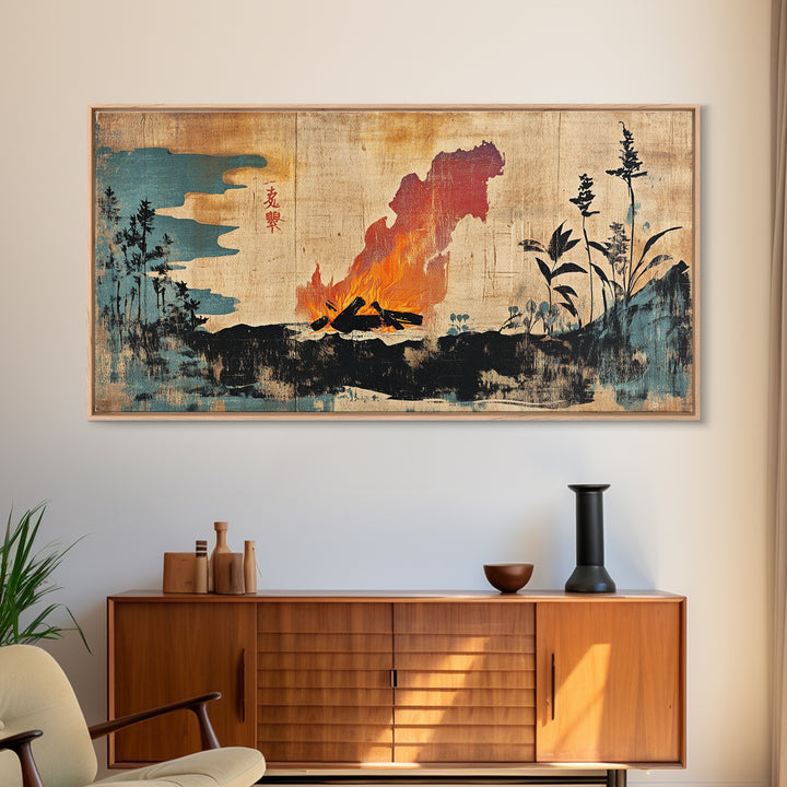 Erupting Volcano With Dark Forest Silhouette Wall Art, Japanese Landscape Canvas Print For Moody Office Decor And Home Decor