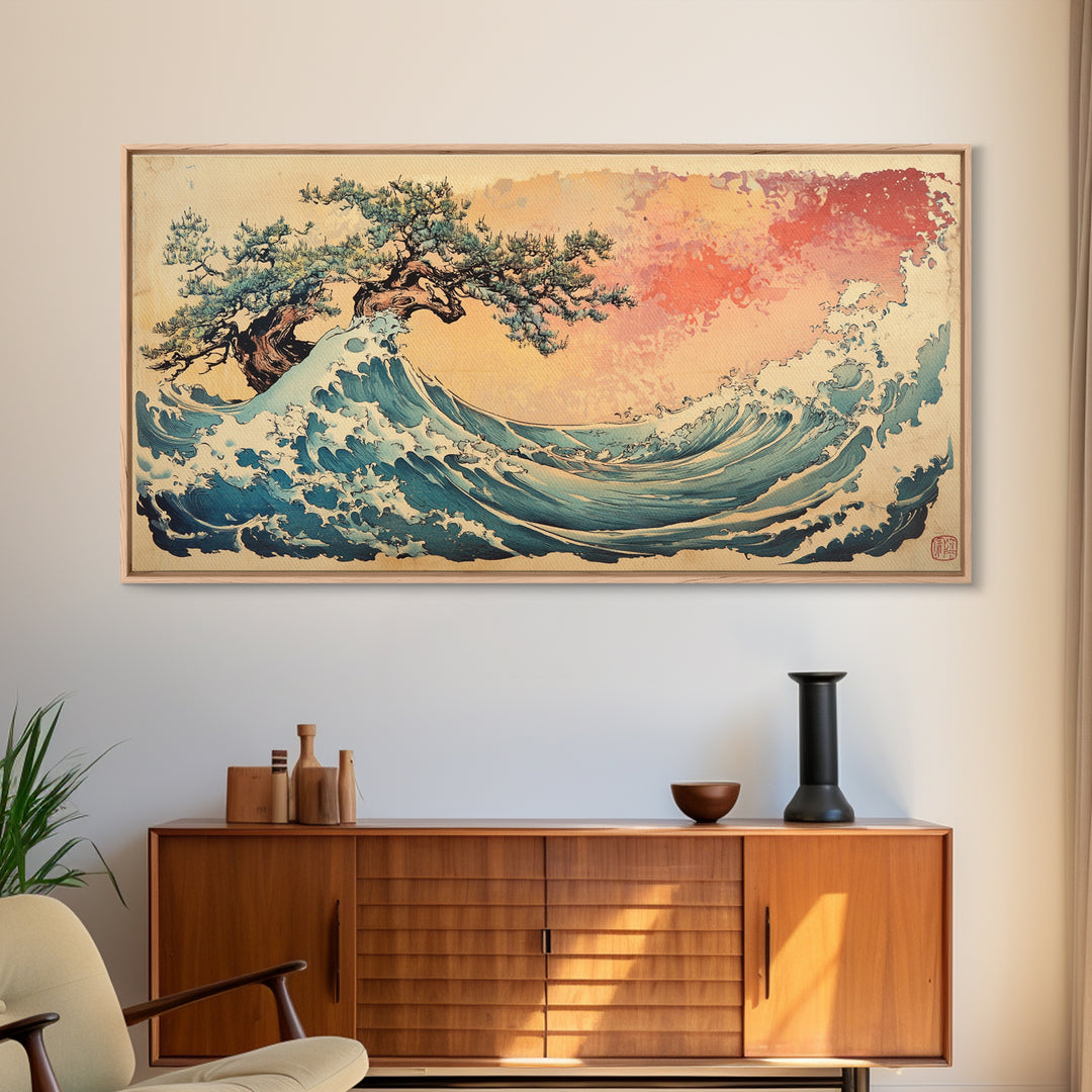 Great Wave With Wind Swept Pine Tree Wall Art, Japanese Ocean Canvas Print For Coastal Decor And Modern Living Room Wall Decor