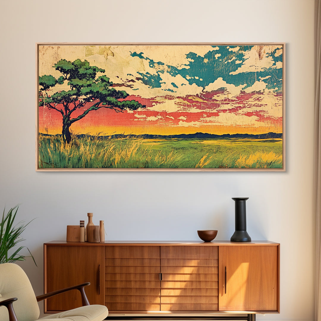 Acacia Tree At Sunset Over Golden Grassland Wall Art, African Landscape Canvas Print For Boho Decor And Warm Home Decor Art