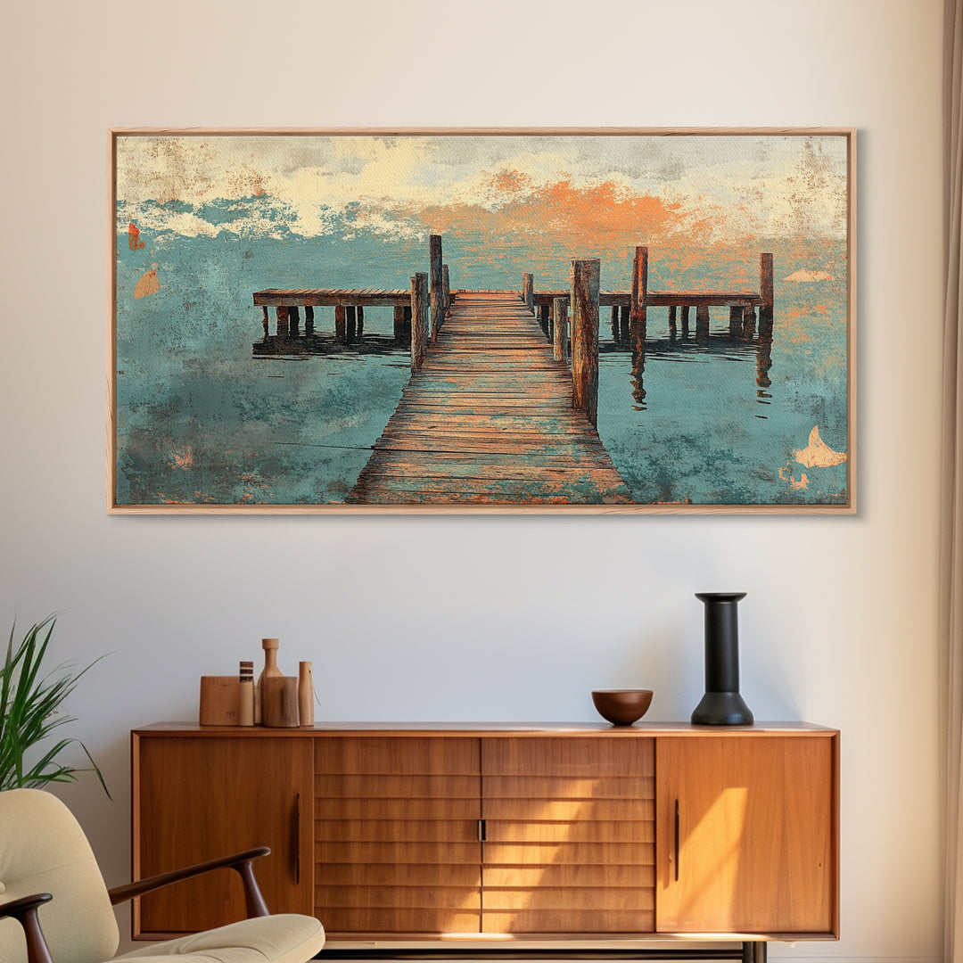 Weathered Wooden Dock Over Calm Water Wall Art, Coastal Canvas Print For Lake House Decor And Nautical Living Room Decor
