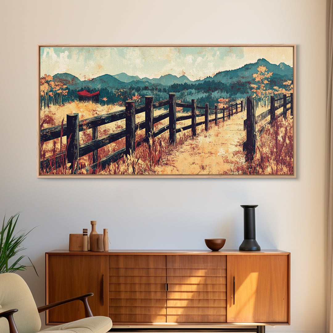 Mountain Fence Path Through Autumn Fields Wall Art, Rustic Landscape Canvas Print For Farmhouse Decor And Entryway Decor
