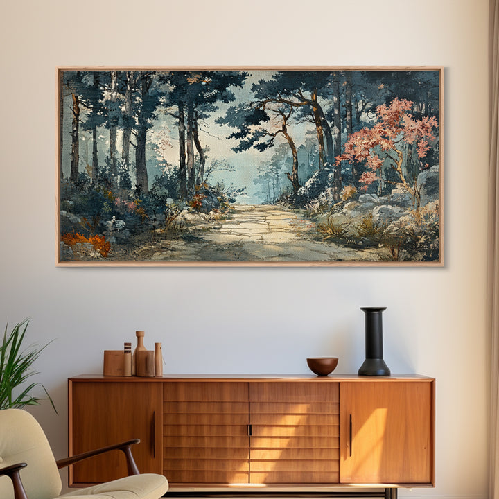 Misty Forest Path With Pink Blossoms Wall Art, Moody Woodland Canvas Print For Nature Decor And Serene Living Room Decor