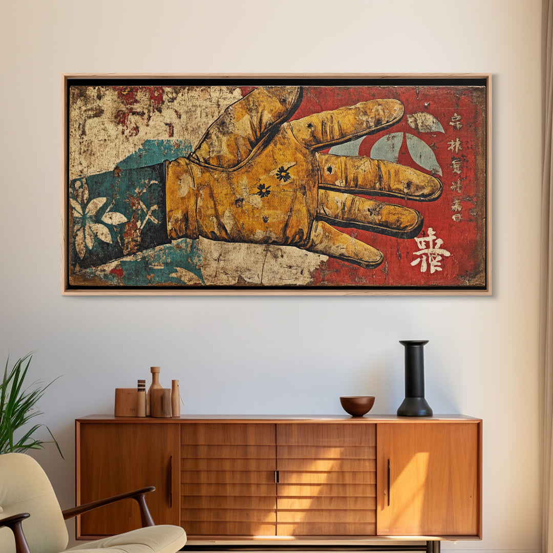 Antique Illustrated Gloved Hand On Red Teal Ground Wall Art, Surreal Canvas Print For Eclectic Decor And Statement Wall Decor