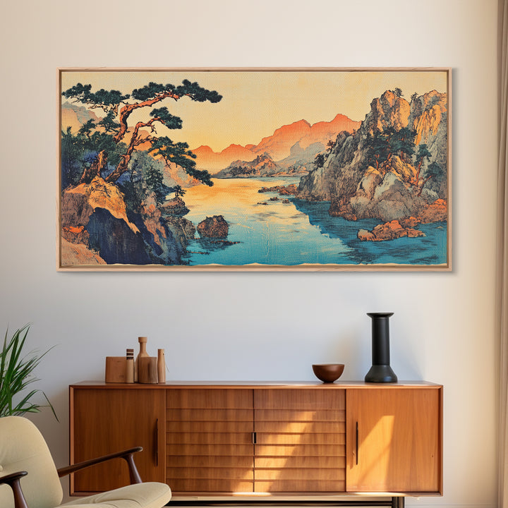 Serene Asian River Valley With Pine And Cliffs Framed Canvas Print, Japanese Landscape Art, Coastal Wall Decor, Zen Home Decor