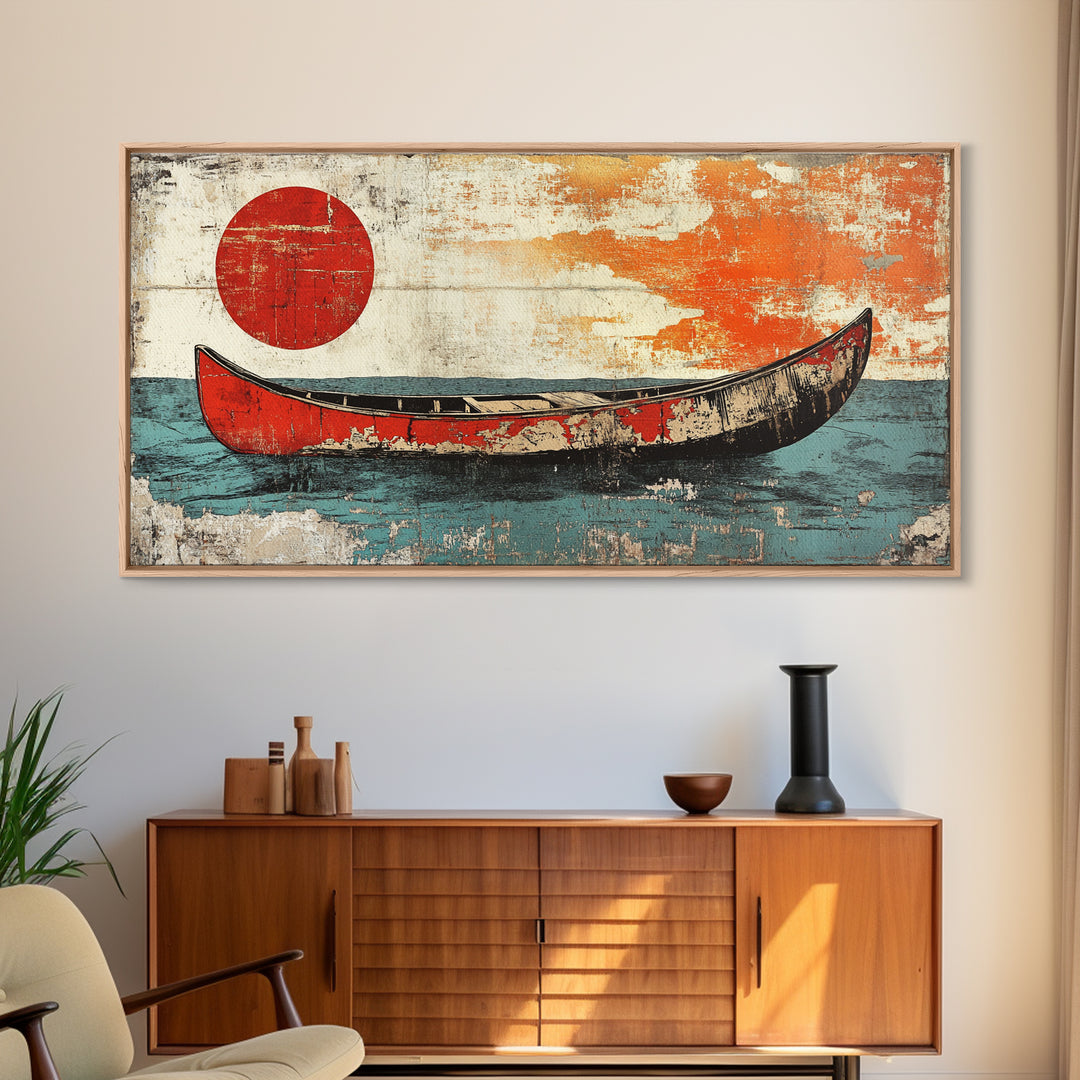 Weathered Red Canoe Beneath Rising Sun Canvas Print, Nautical Wall Art, Minimalist Ocean Art, Coastal Lake House Decor, Gift For Him