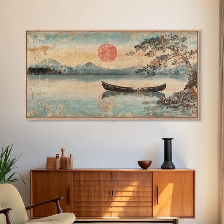 Quiet Canoe On Misty Mountain Lake Wall Art, Japanese Landscape Print, Serene Nature Home Decor, Above Bed Horizontal Art