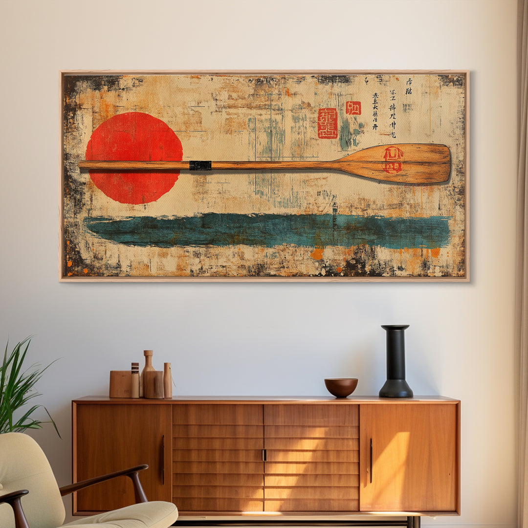 Wooden Canoe Paddle With Red Sun Canvas Print, Japanese Wall Art, Rustic Nautical Decor, Lake House Gift, Long Horizontal Art