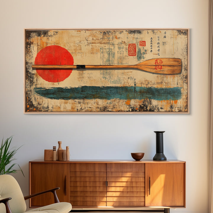 Wooden Canoe Paddle With Red Sun Canvas Print, Japanese Wall Art, Rustic Nautical Decor, Lake House Gift, Long Horizontal Art