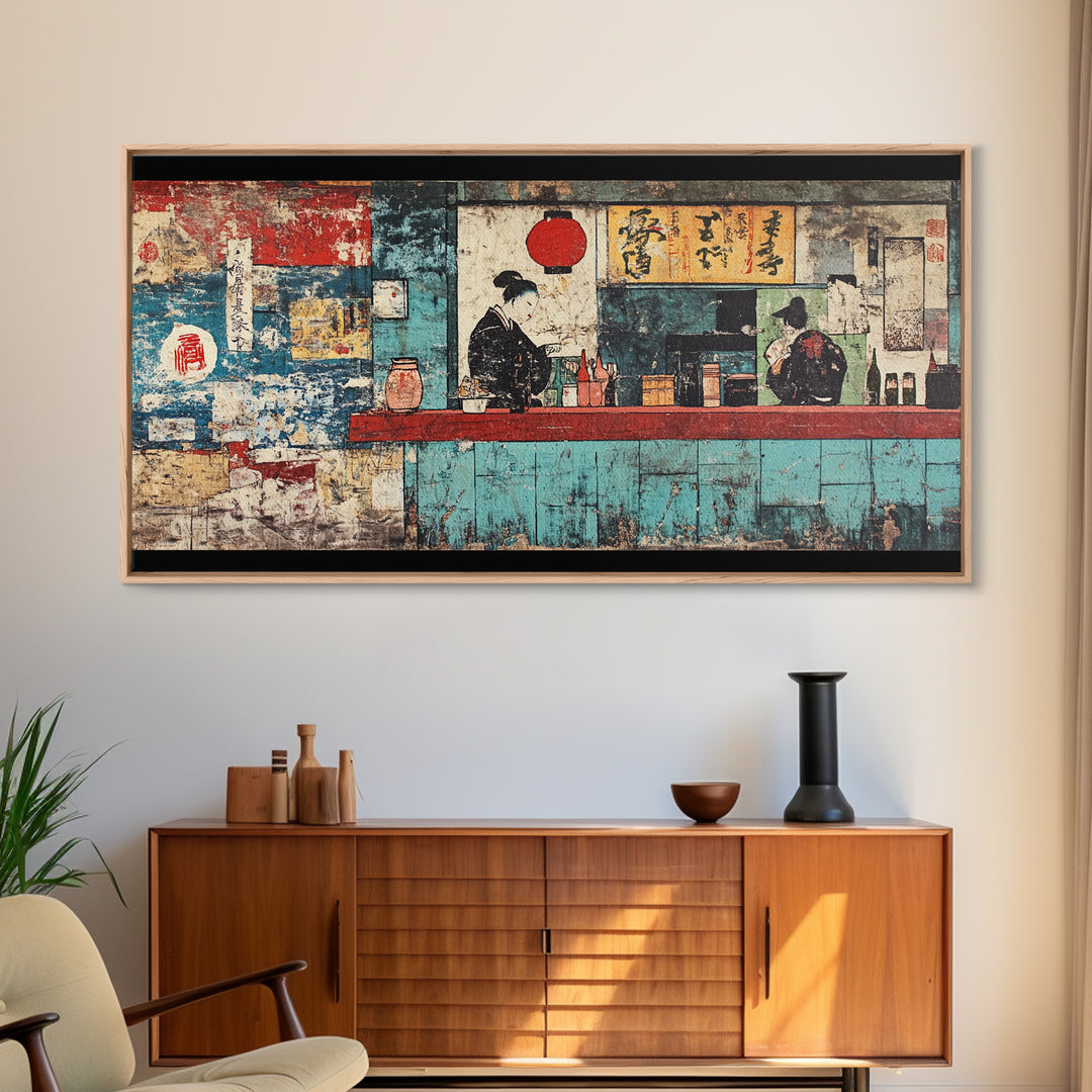 Retro Japanese Ramen Shop With Chef And Diner Canvas Print, Kitchen Wall Art, Restaurant Decor, Asian Food Poster, Home Decor