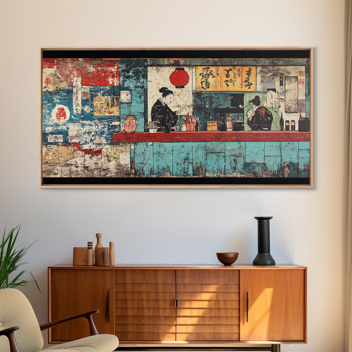 Retro Japanese Ramen Shop With Chef And Diner Canvas Print, Kitchen Wall Art, Restaurant Decor, Asian Food Poster, Home Decor