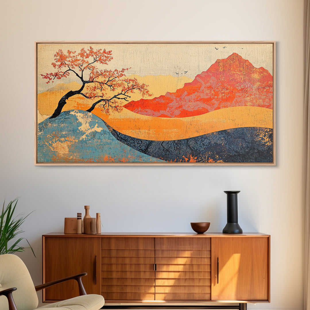 Red Mountain And Blossoming Tree Wall Art, Japanese Landscape Canvas Decor, Abstract Nature Print For Bedroom Or Office Decor