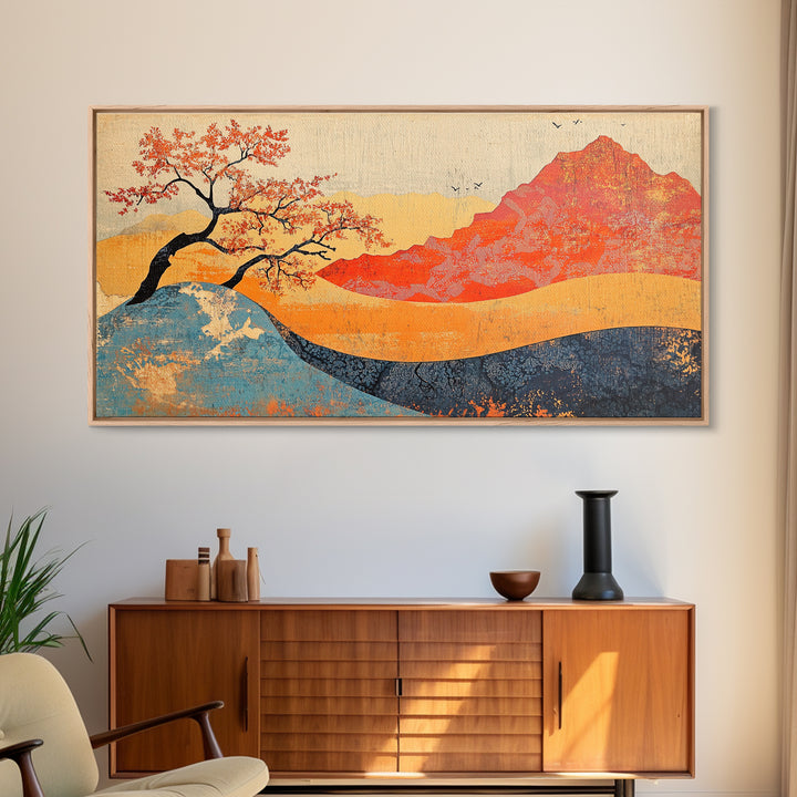 Red Mountain And Blossoming Tree Wall Art, Japanese Landscape Canvas Decor, Abstract Nature Print For Bedroom Or Office Decor