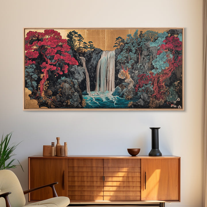 Lush Waterfall With Pink Forest Wall Art, Japanese Garden Canvas Decor, Moody Botanical Landscape Print For Living Room Decor
