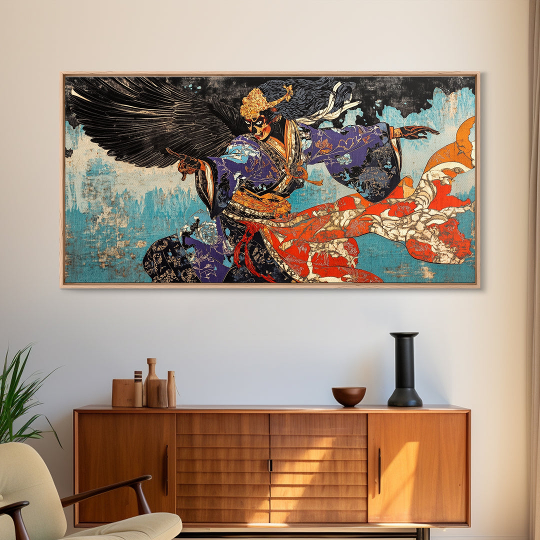 Winged Samurai Warrior In Blue Kimono Wall Art, Japanese Mythological Canvas Decor, Dramatic Fantasy Art Print For Office